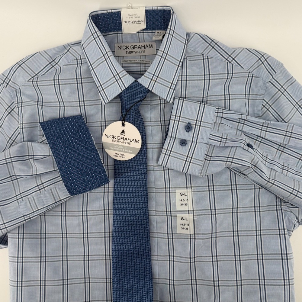 Nick Graham Men's Blue Plaid Stretch Modern Fit Dress Shirt & Tie Set Size Small